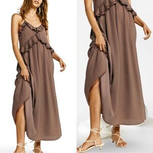 NWTS💓THE OCCASION XL💓ELITE LINE WARM TAUPE SATIN RUFFLED SLEEVELESS MAXI DRESS